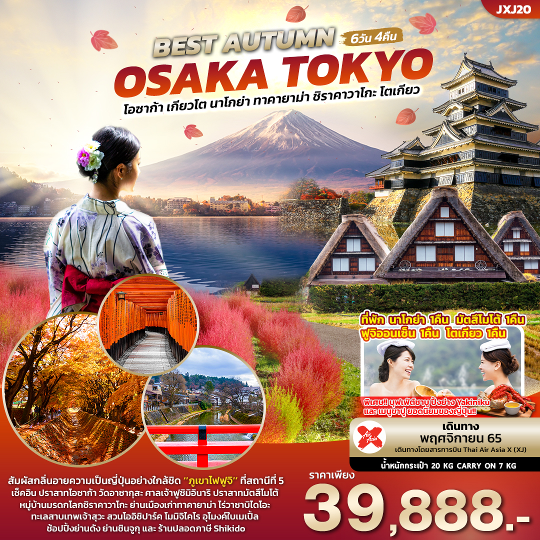 BEST AUTUMN OSAKA TOKYO โอซาก้า เกียวโต นาโกย่า ทาคายาม่า ชิราคาวาโกะ โตเกียว 6วัน4คืน โดยสายการบิน AIR ASIA X (XJ)